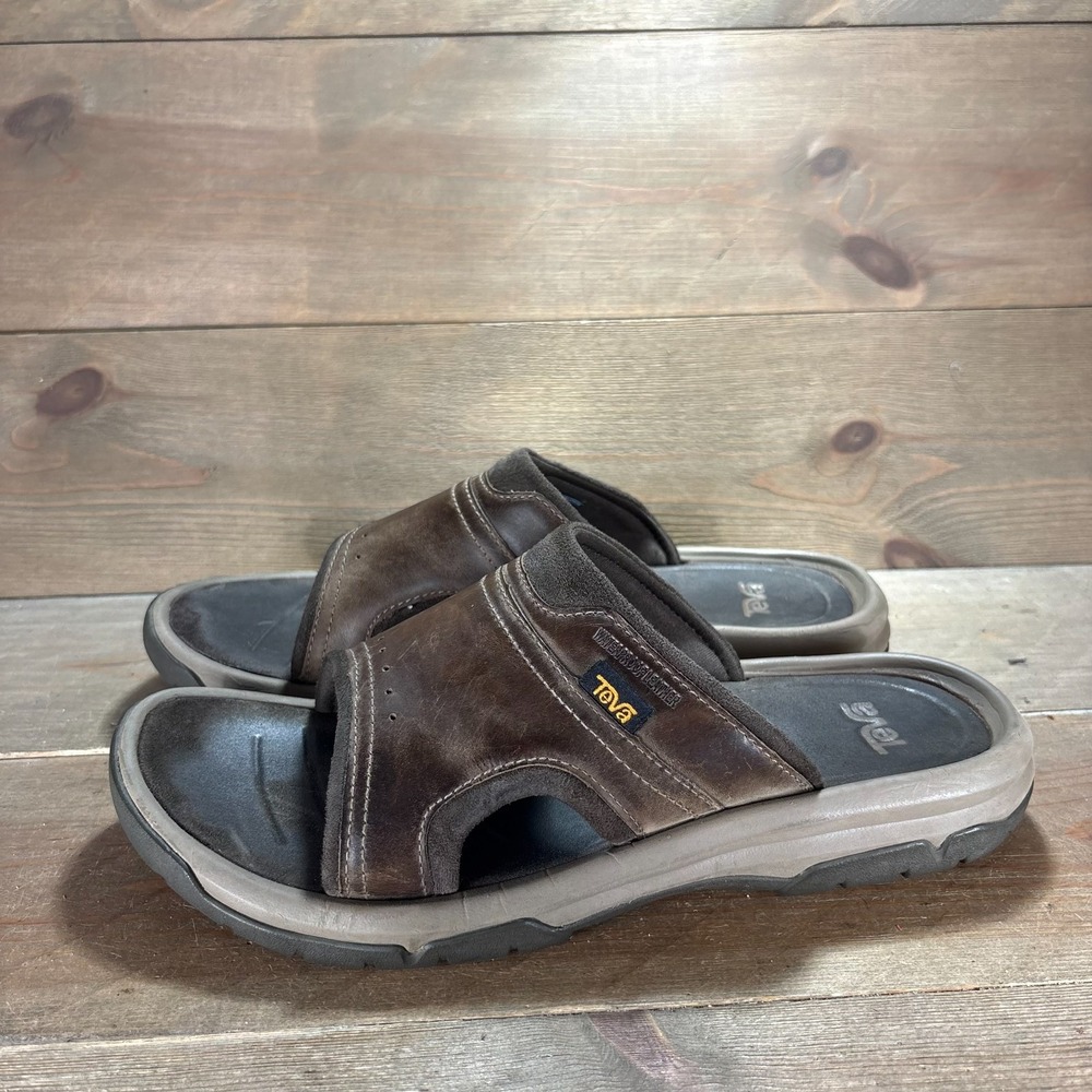 Teva Langdon Mens size 9 shoes Brown Leather Waterproof Slide Slip On sandals